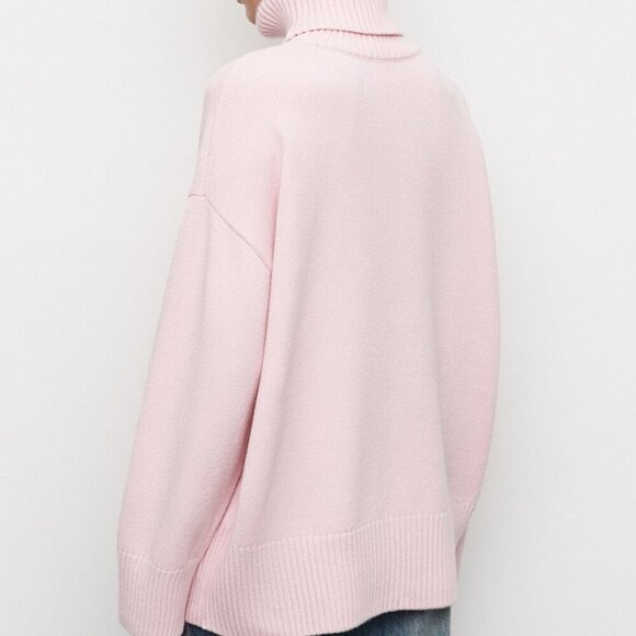 Blush Pink Turtleneck Dropped Shoulder Long Sleeve Sweater - Picture 3 of 4